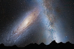 This illustration shows a stage in the predicted merger between our Milky Way galaxy and the neighboring Andromeda galaxy, as it will unfold over the next several billion years.